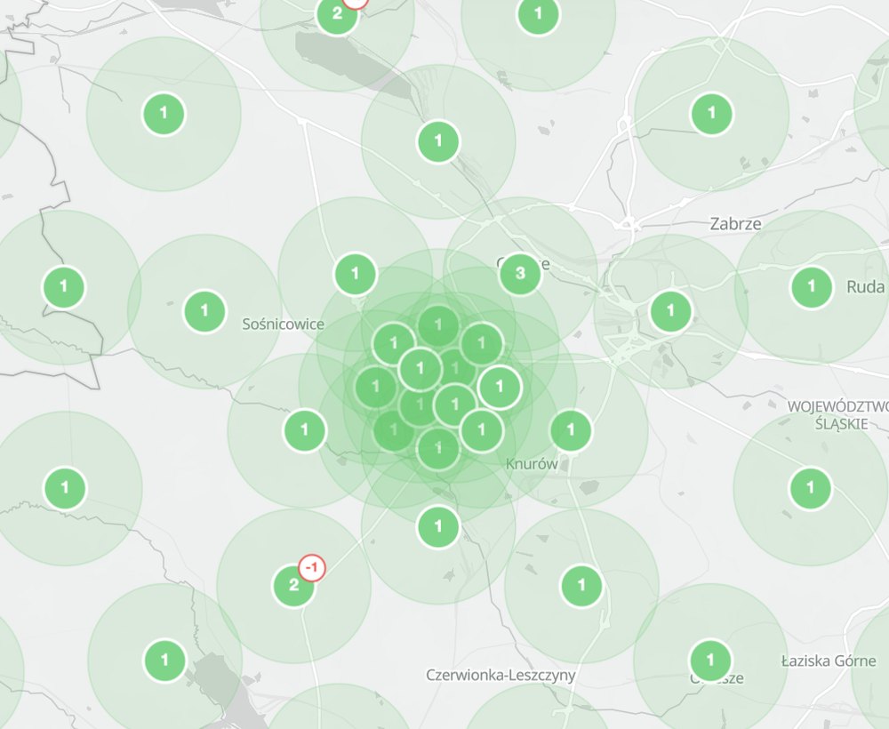 Ta sama mapa z zielonymi punktami numer 1 po optymalizacji