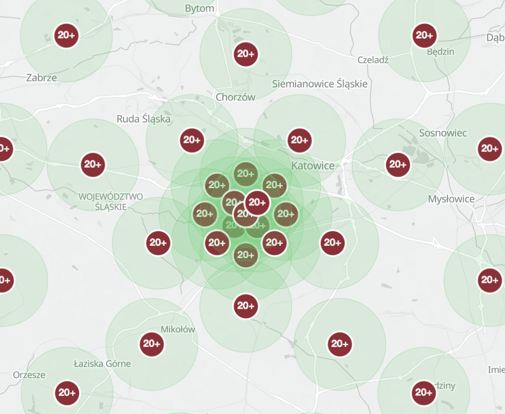 Mapa aglomeracji śląskiej z czerwonymi punktami 20+ przed optymalizacją